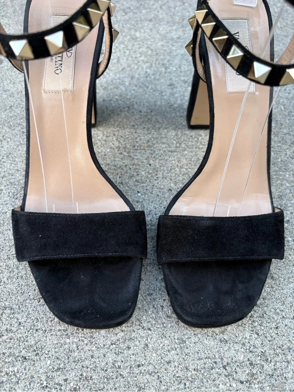 Valentino Rockstud black suede double ankle strap block heel sandal 36.5